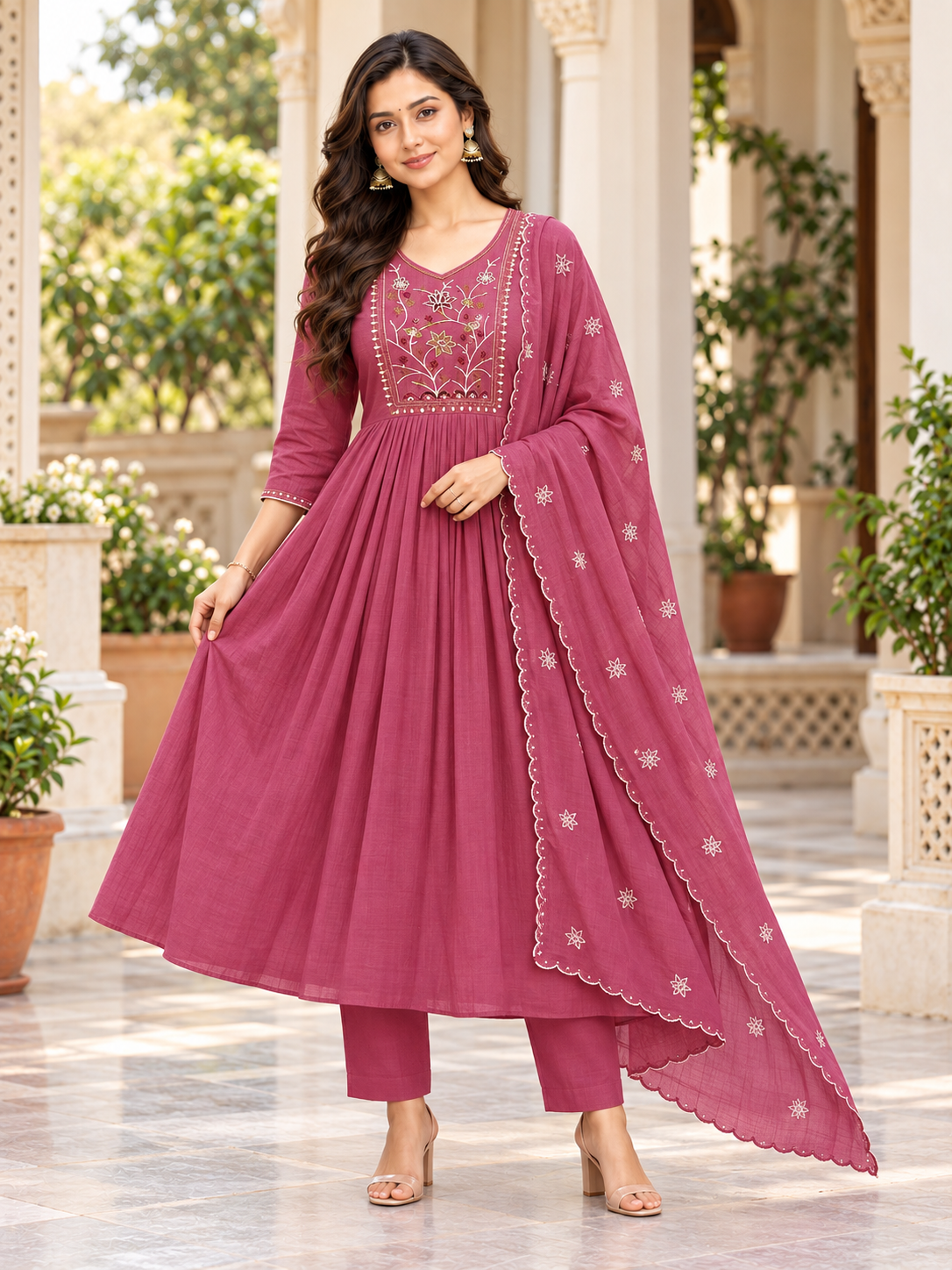 Embroidered Muslin Three-Piece Kurta Set with Dupatta