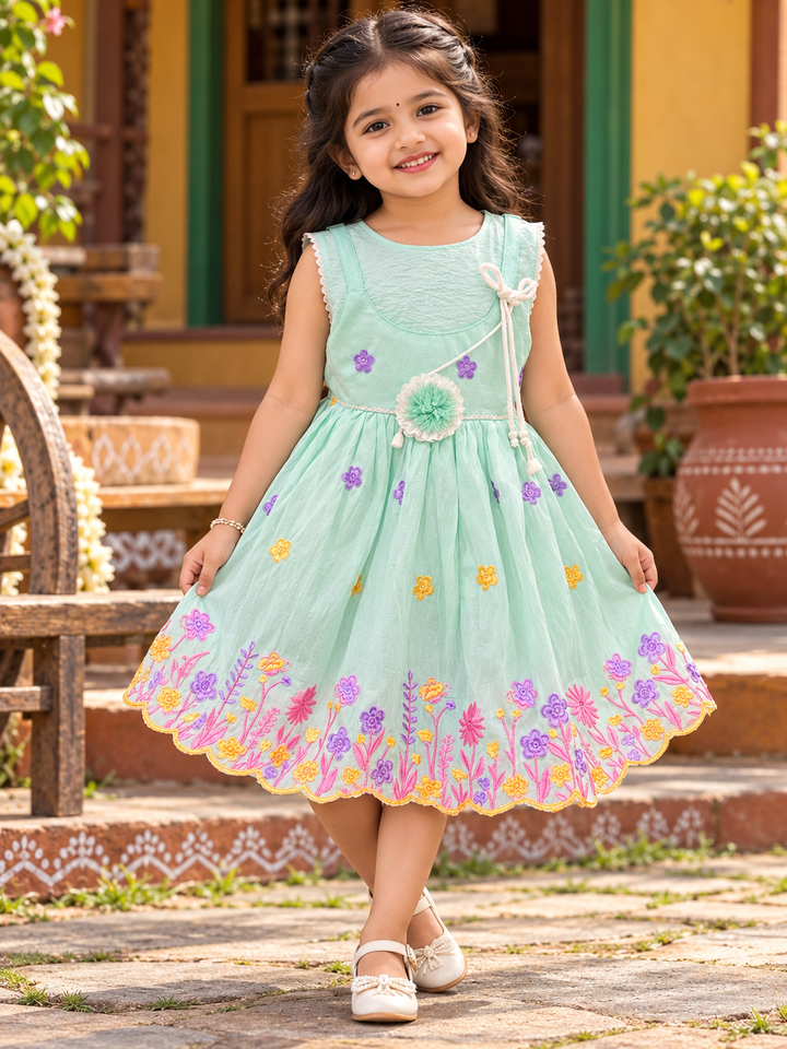 Mint Green Floral Embroidered Girls Frock