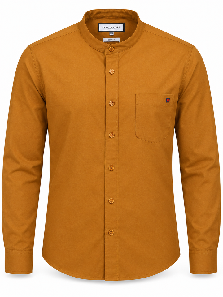 Mustard Yellow Solid Slim Fit Men's Mandarin Collar Shirt
