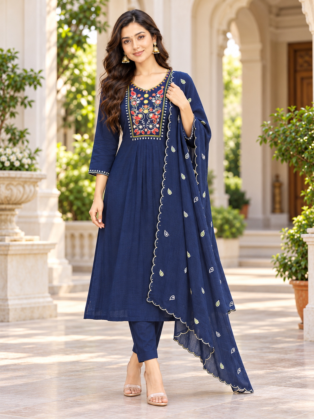 Embroidered Muslin Three-Piece Kurta Set with Dupatta