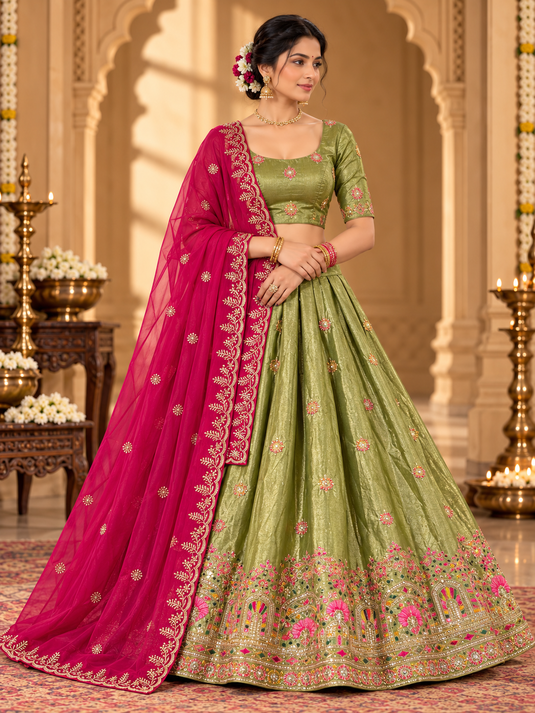 Royal Floral Heritage Embroidered Lehenga Choli with Contrast Dupatta