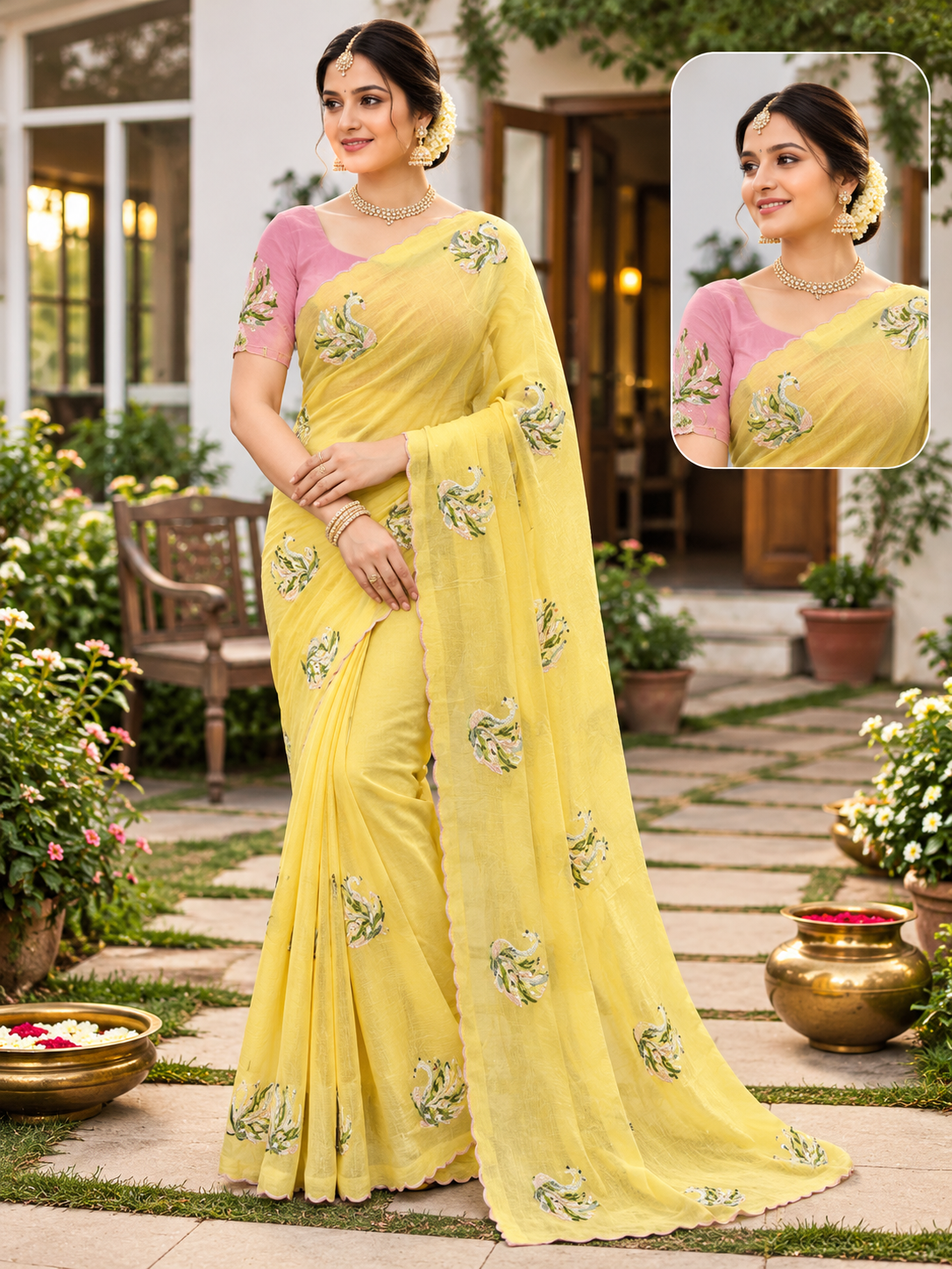 Peacock Embroidered Saree with Pink Blouse 2 Colors