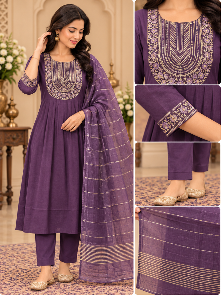 Feeding Flared 3-Piece Suit Set – Purple, Olive Green & Rani Pink
