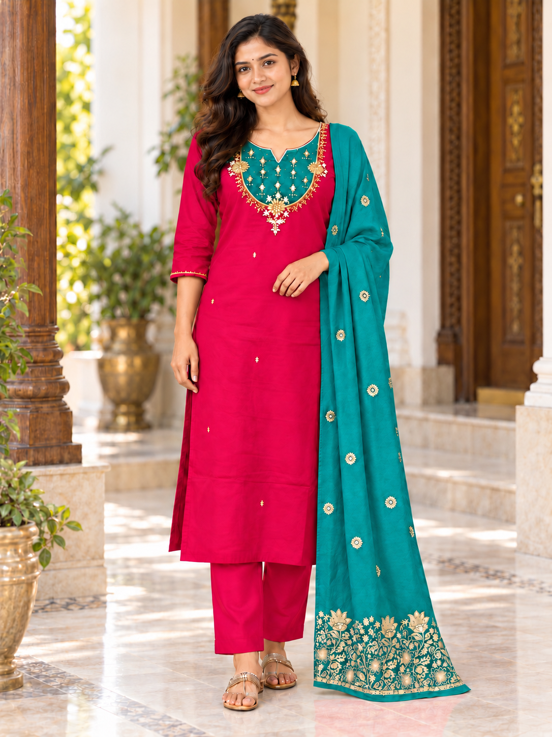 Contrast Yoke Embroidered Kurta 3 Piece Set