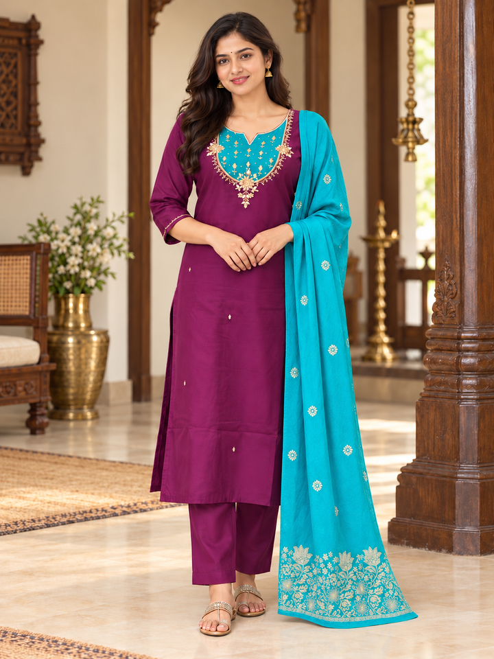 Contrast Yoke Embroidered Kurta 3 Piece Set