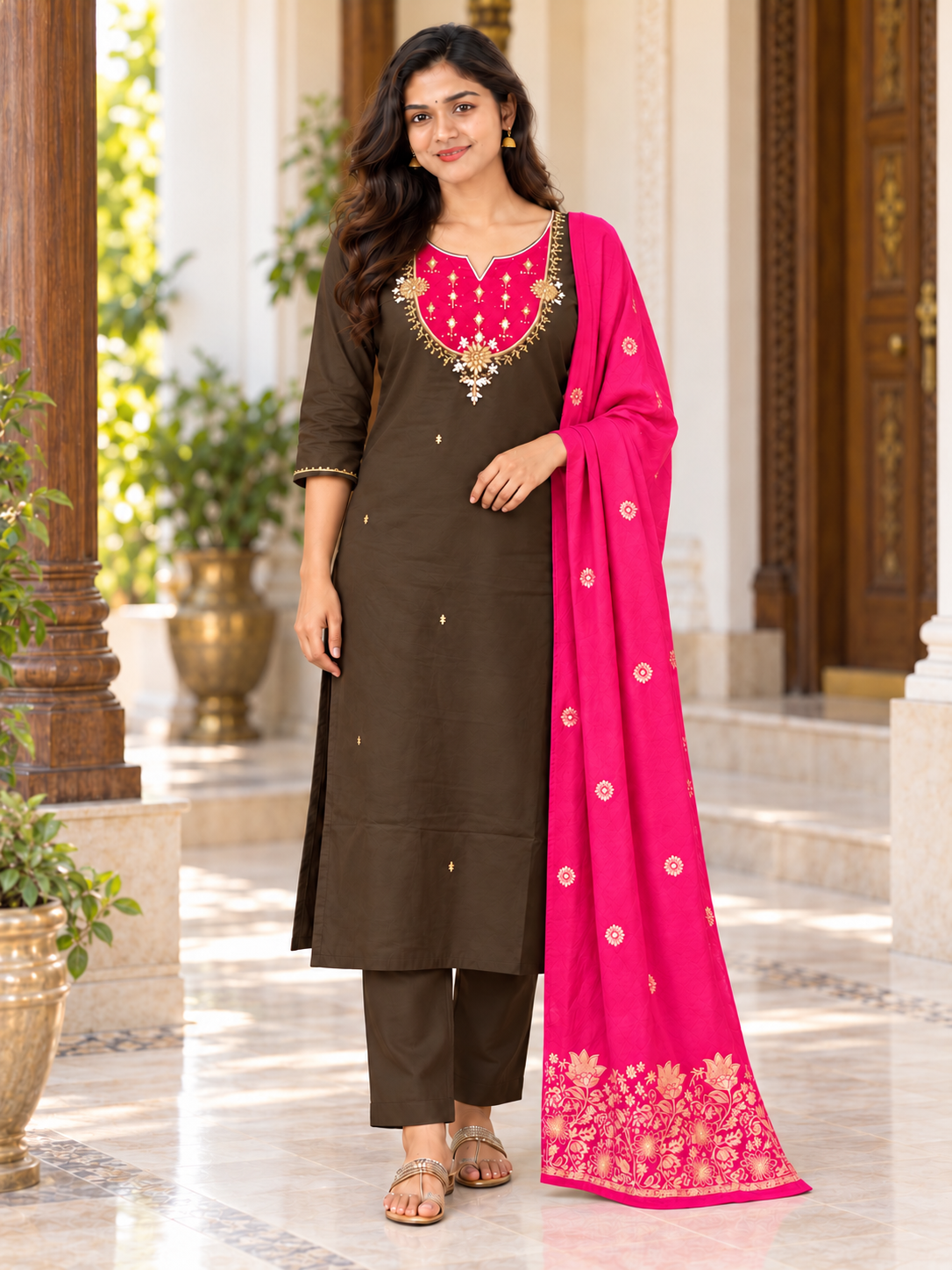 Contrast Yoke Embroidered Kurta 3 Piece Set