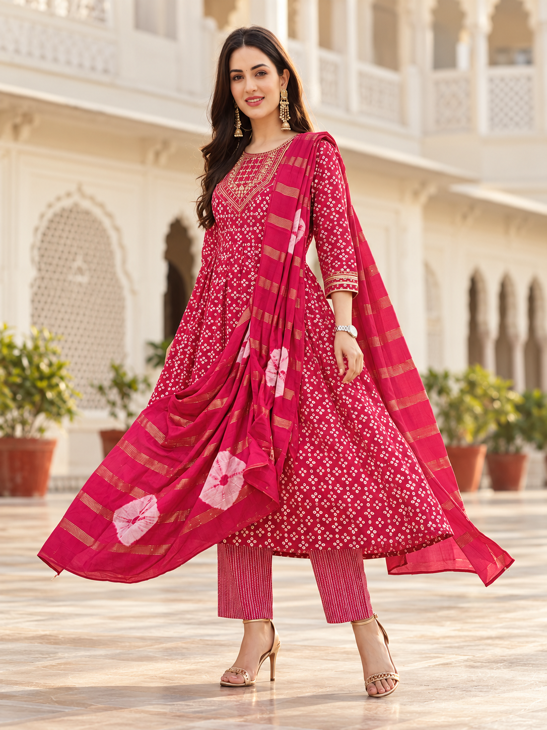 Rani Pink Bandhani Print Cotton Umbrella Kurta Set