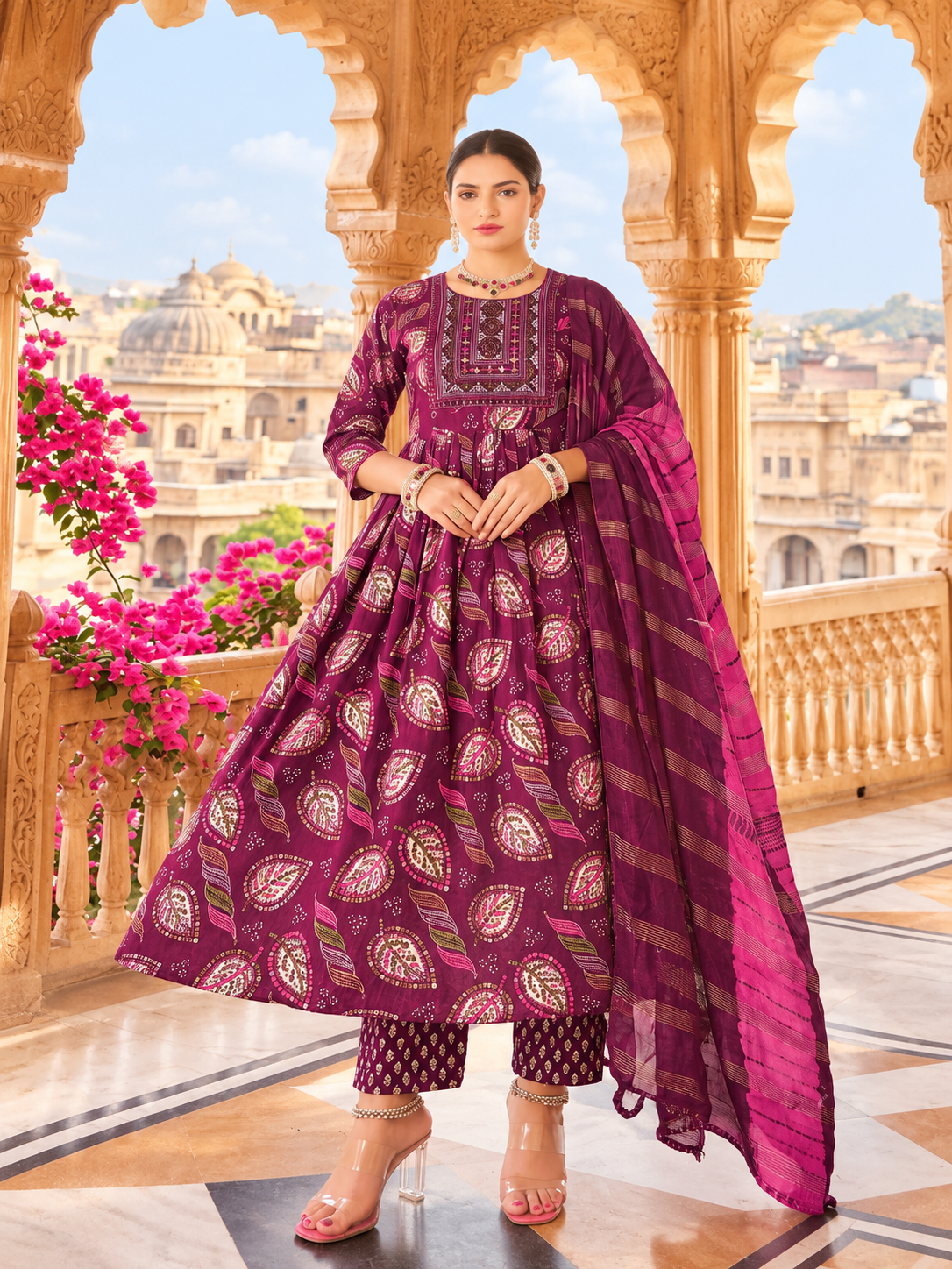 Printed Flared Kurta 3-Piece Umberlla set-7 Colour Variants