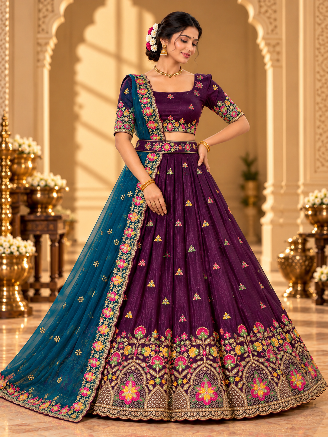 Royal Floral Arch Embroidered Lehenga Choli with Contrast Dupatta