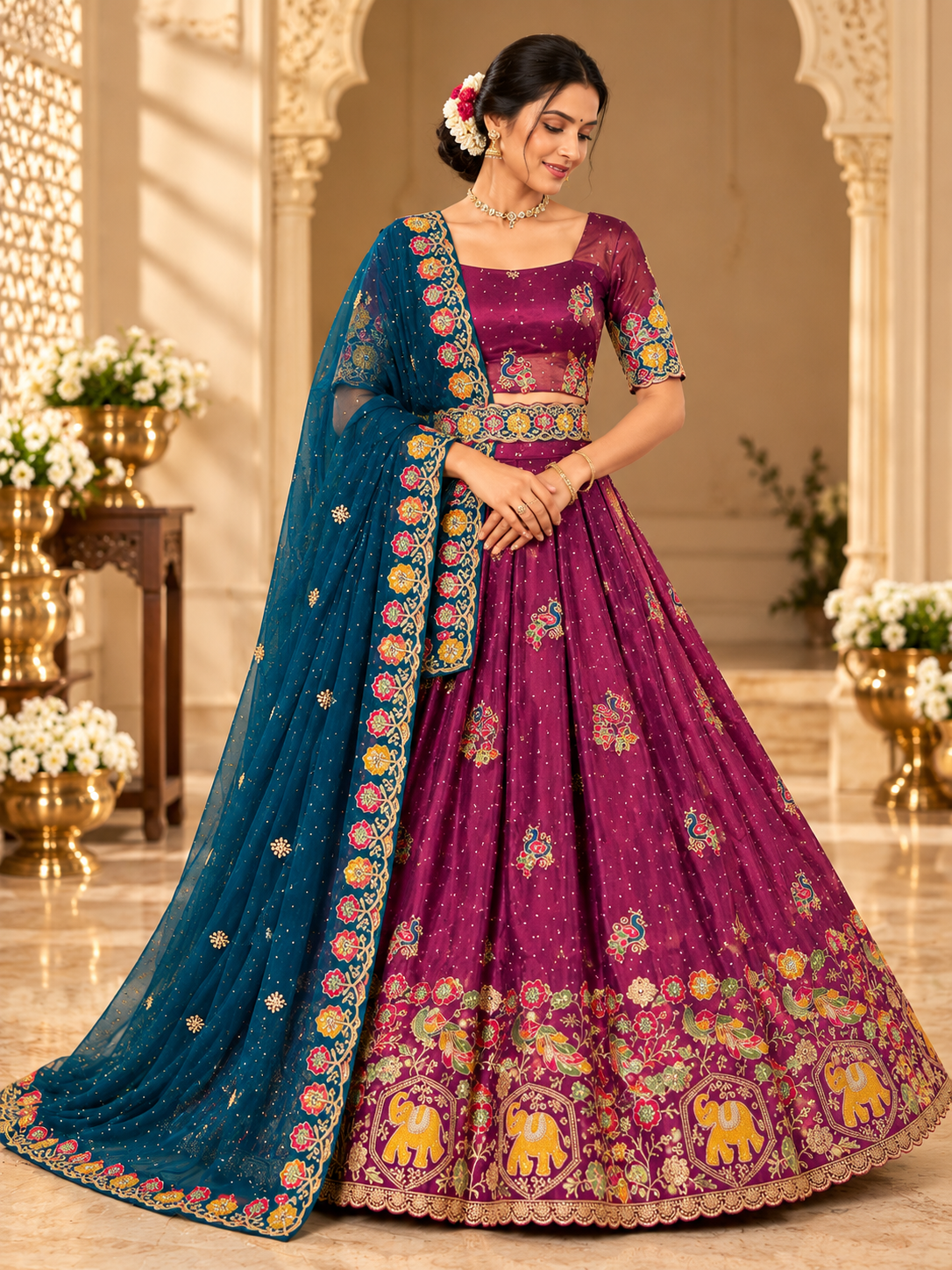 Royal Peacock & Elephant Embroidered Lehenga Choli with Contrast Dupatta