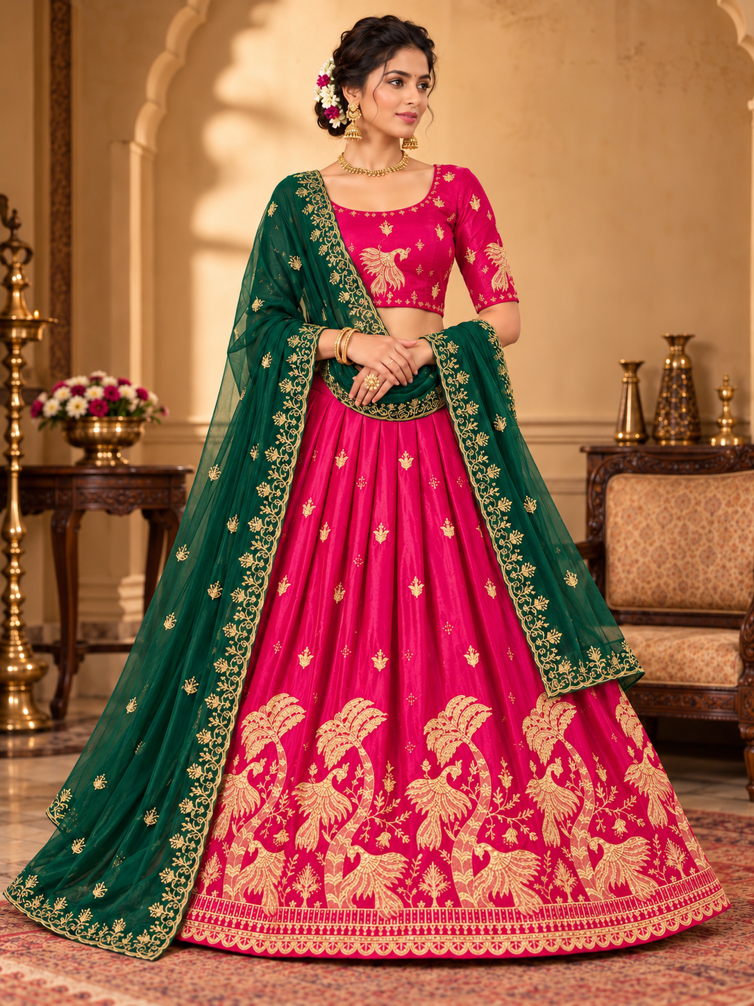 Peacock Zari Embroidered Lehenga Choli with Contrast Dupatta