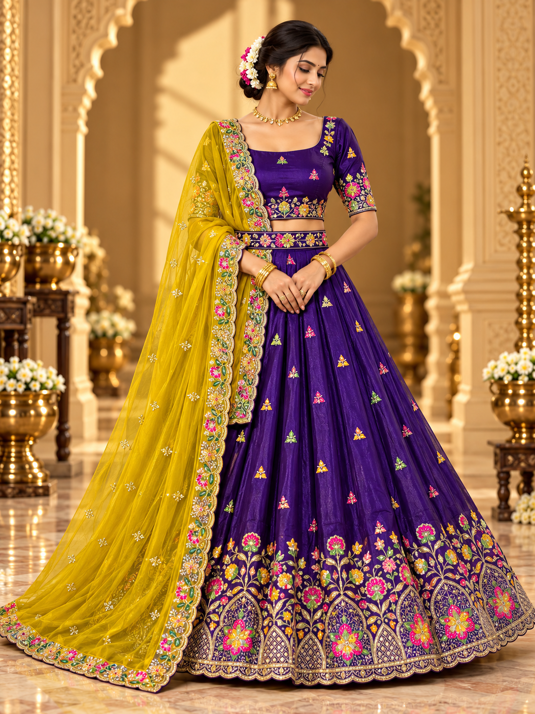 Royal Floral Arch Embroidered Lehenga Choli with Contrast Dupatta