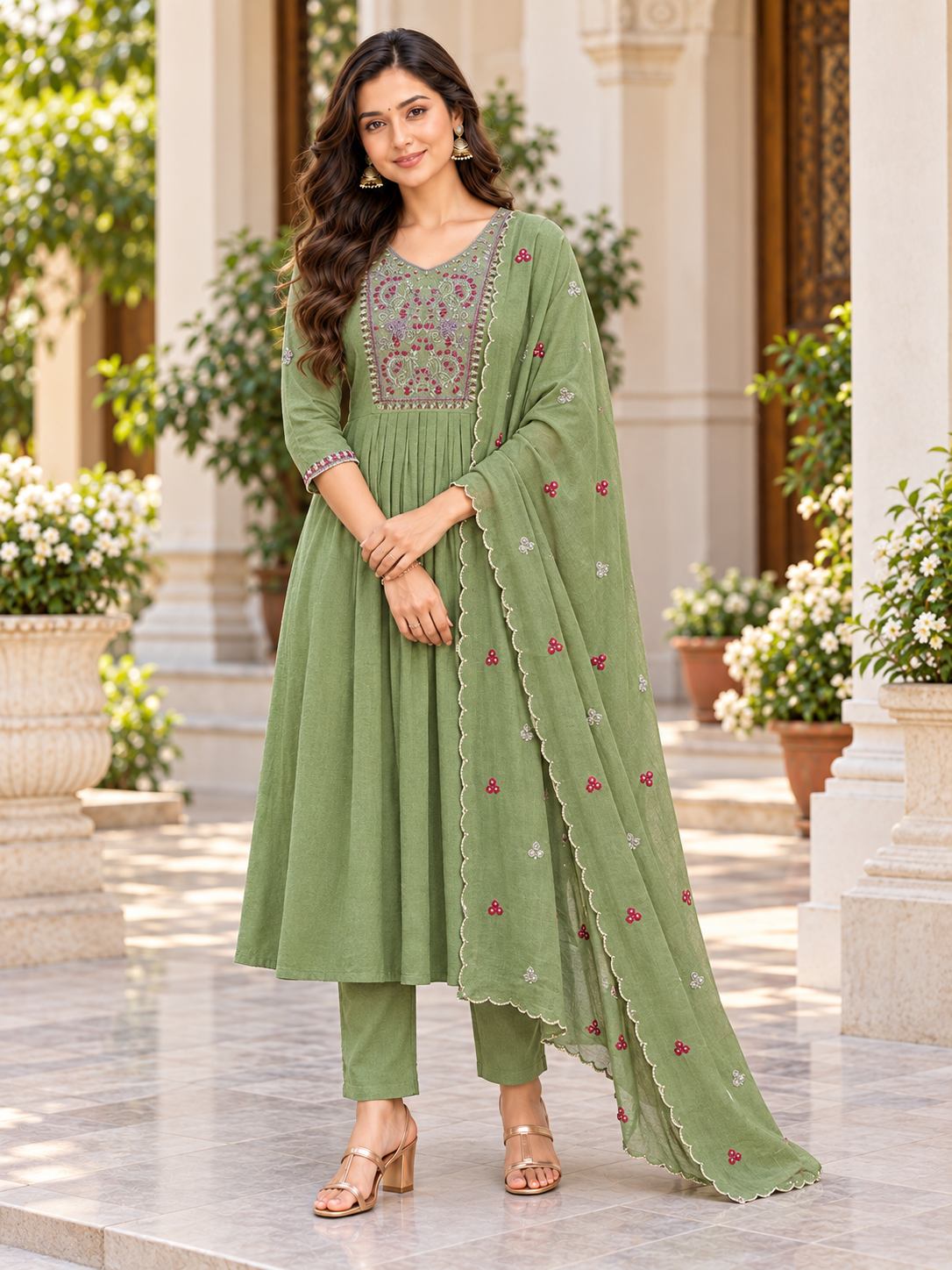 Embroidered Muslin Three-Piece Kurta Set with Dupatta