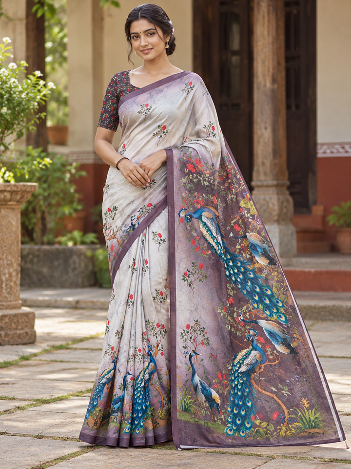 Silver Grey Floral Saree with Peacock Pallu