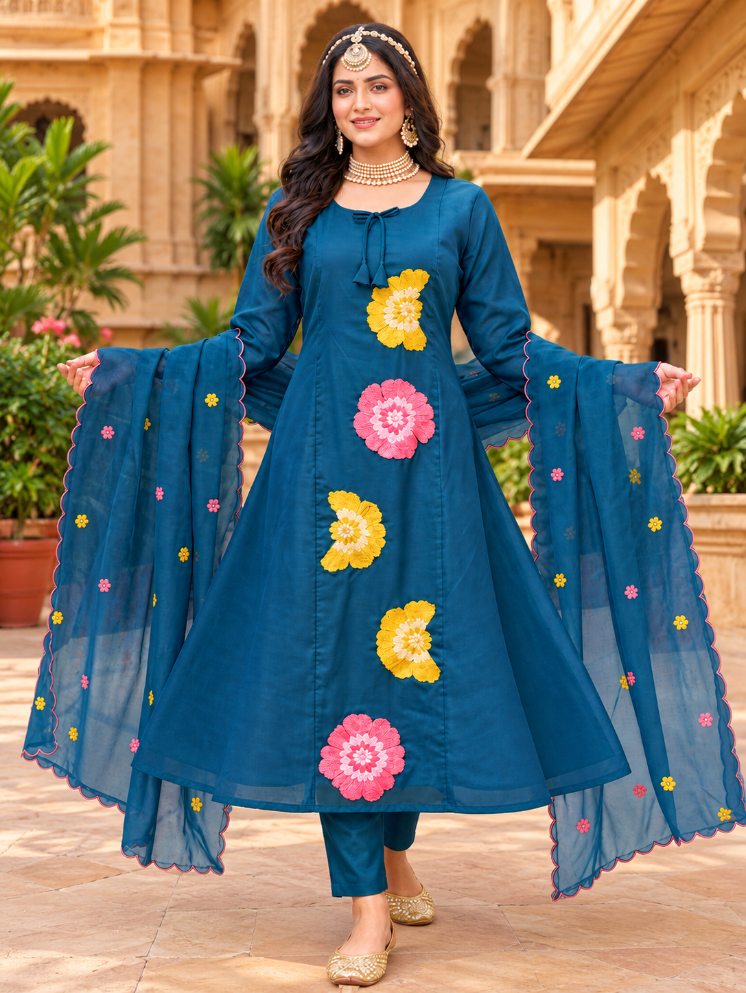 Floral Embroidered Mull Chanderi 3-Piece Anarkali Set – 6 Colors