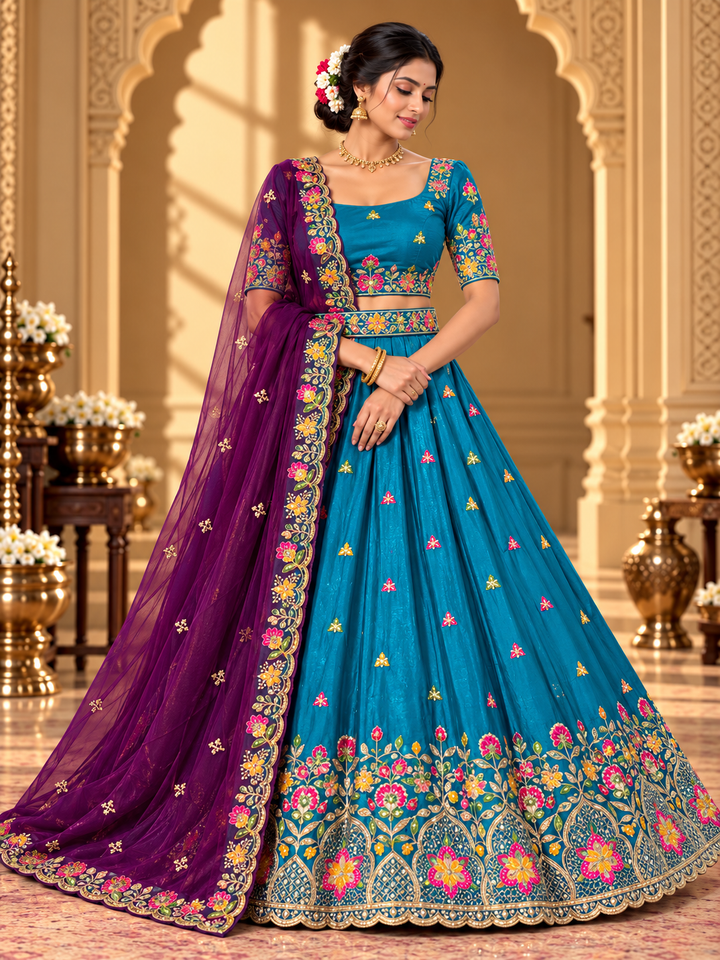 Royal Floral Arch Embroidered Lehenga Choli with Contrast Dupatta