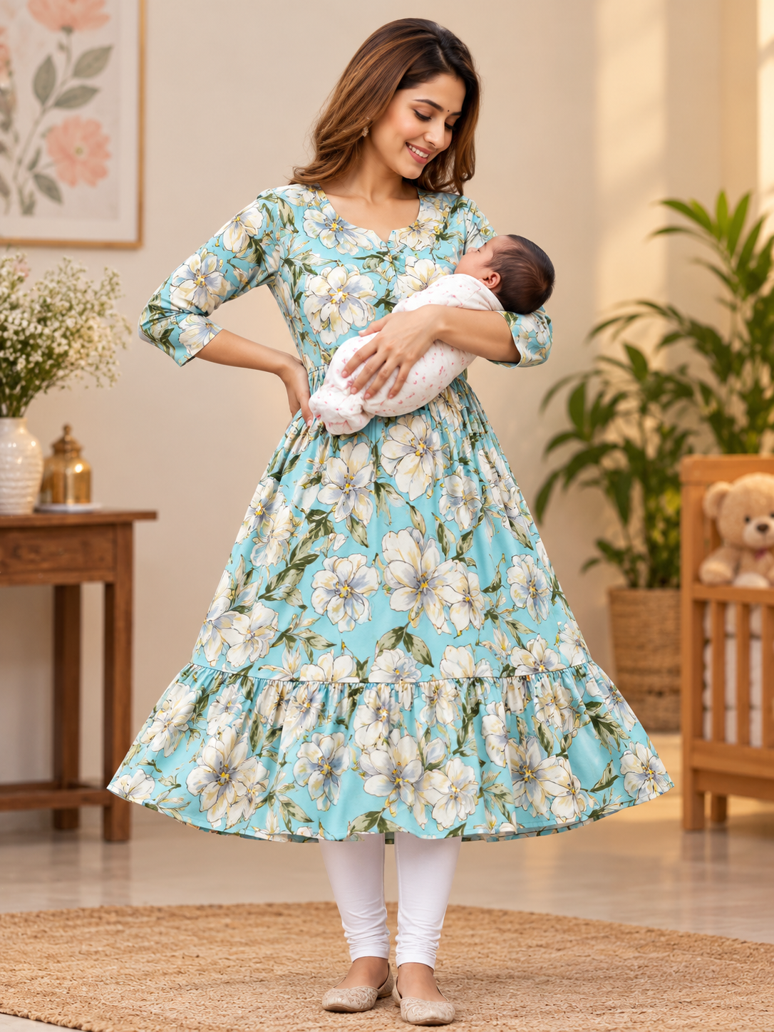 Floral Printed Feeding Tops– Yellow, Pink & Sky Blue