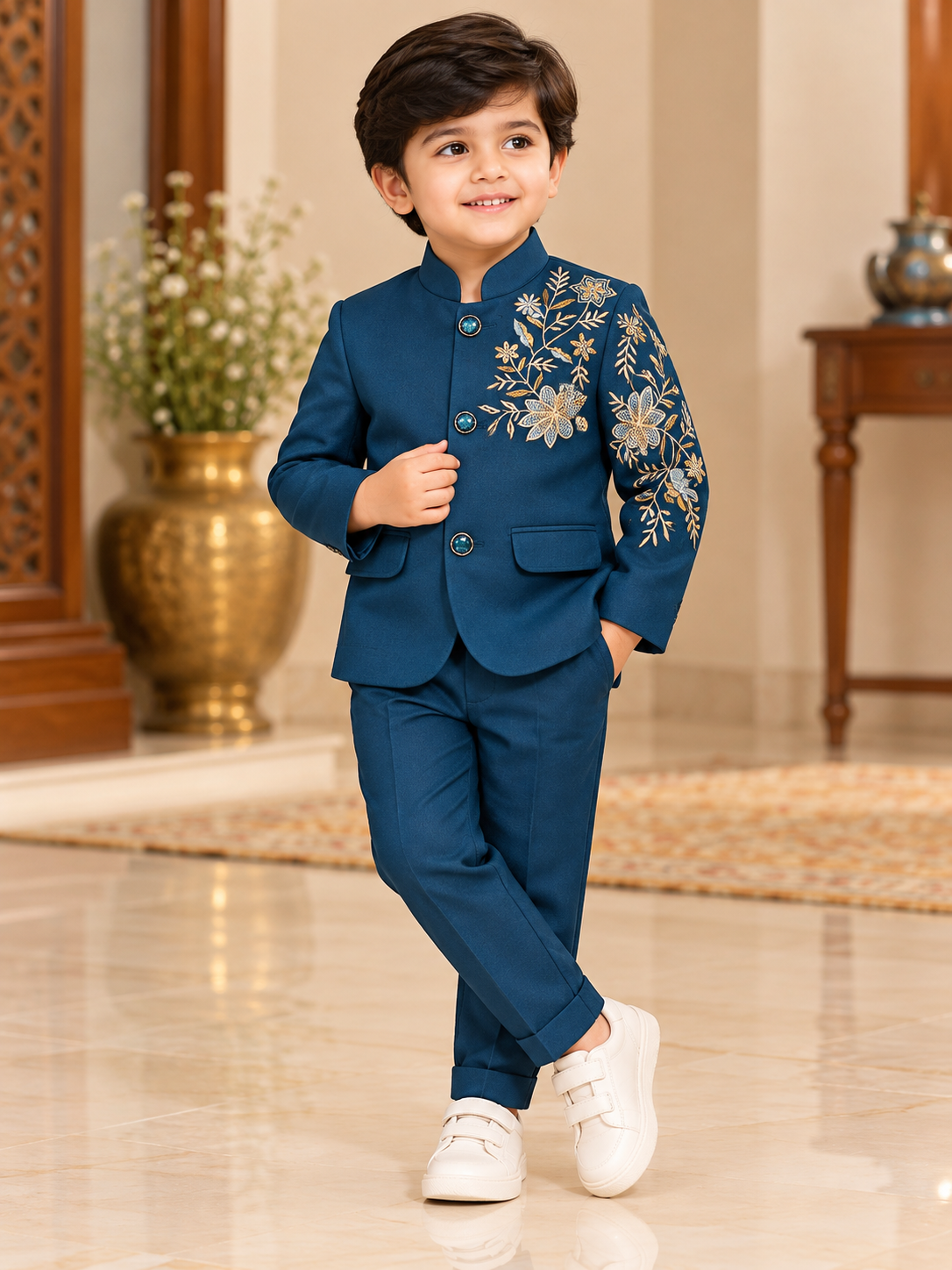 Teal blue boys floral embroidered bandhgala suit set