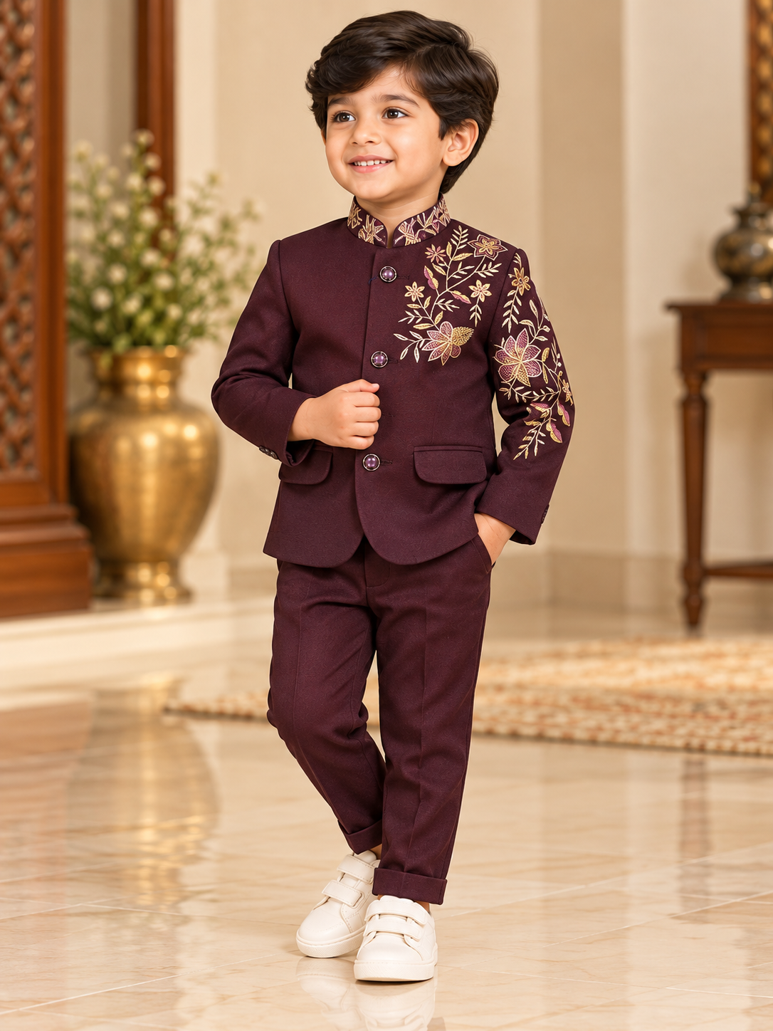 Boys maroon floral embroidered bandhgala suit with matching trousers, full-length front view