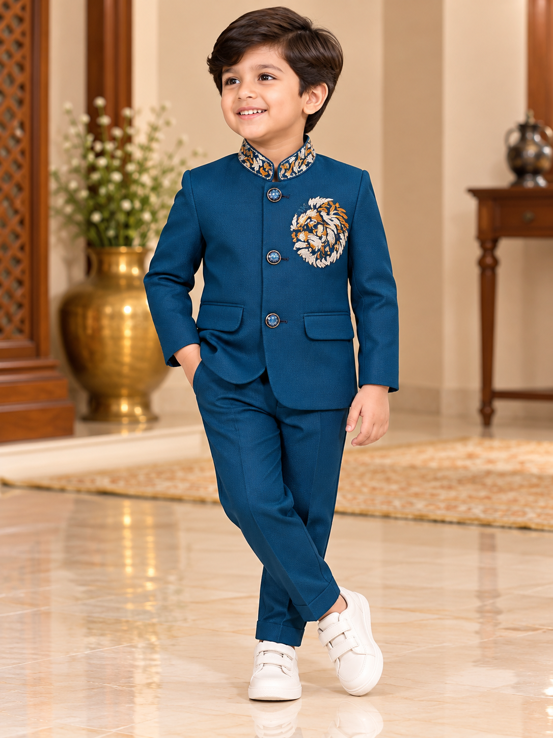 Boys royal blue bandhgala suit set with lion embroidery on chest, ornate collar and matching trousers