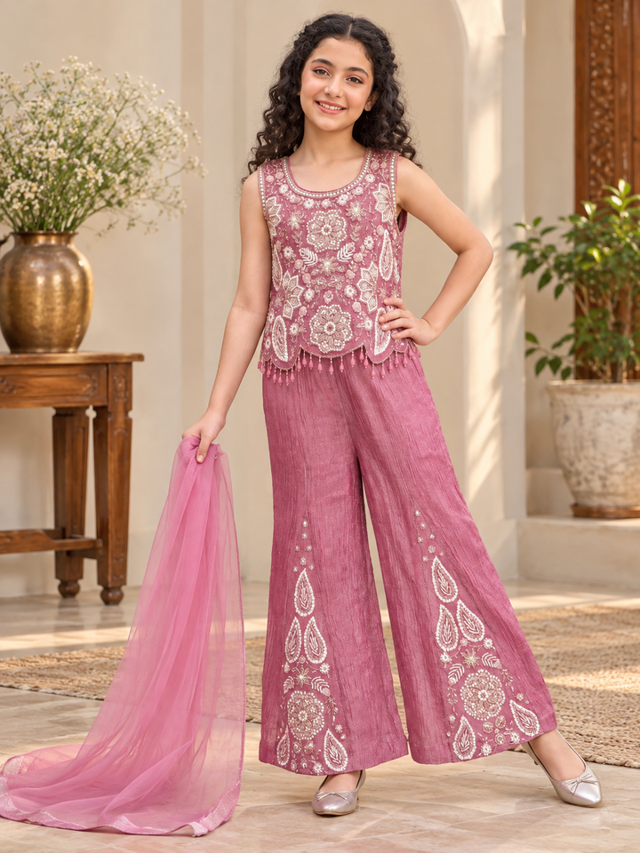 Pink girls embroidered crop top palazzo pants and dupatta