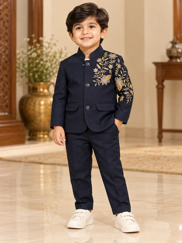 Boys navy blue bandhgala jacket with gold floral embroidery and matching trousers