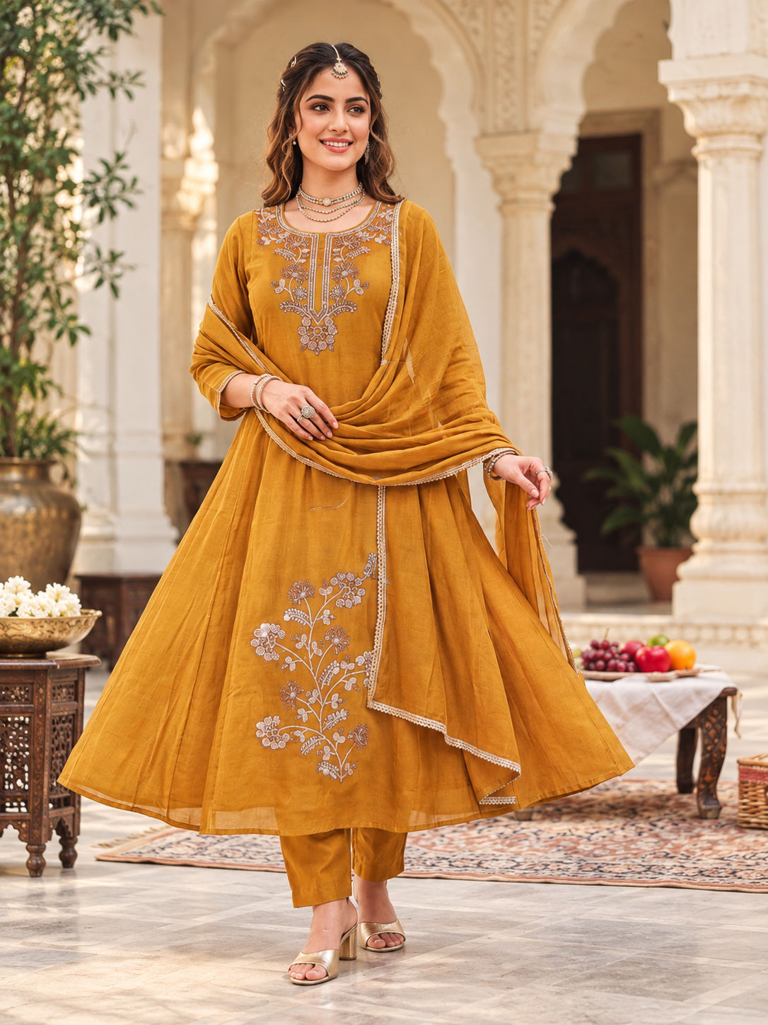 Astha Mull Chenderi Embroidered Anarkali 3-Piece Suit Set