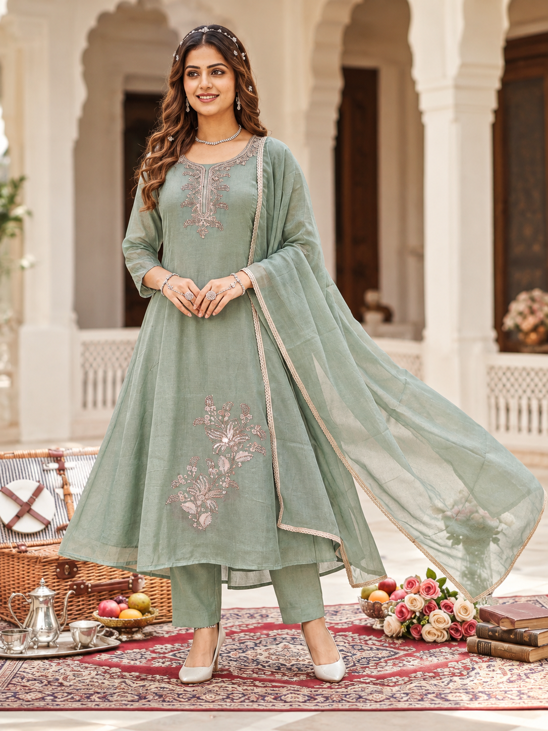 Astha Mull Chenderi Embroidered Anarkali 3-Piece Suit Set