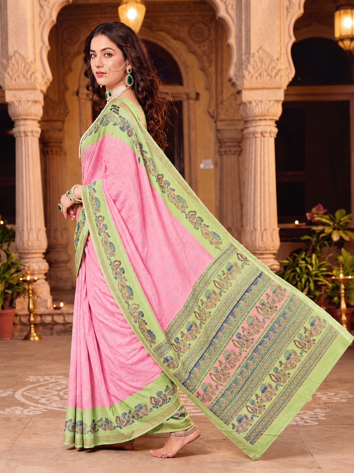 Pink Green Georgette saree with designer pallu
