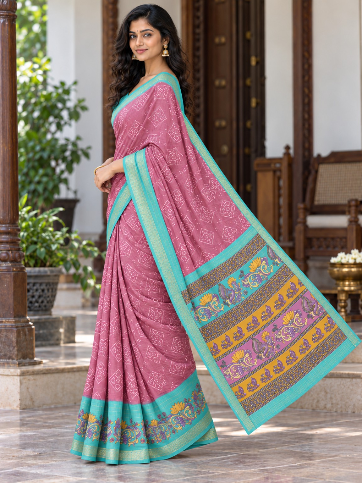 Mauve Pink Georgette saree with turquoise border and printed pallu