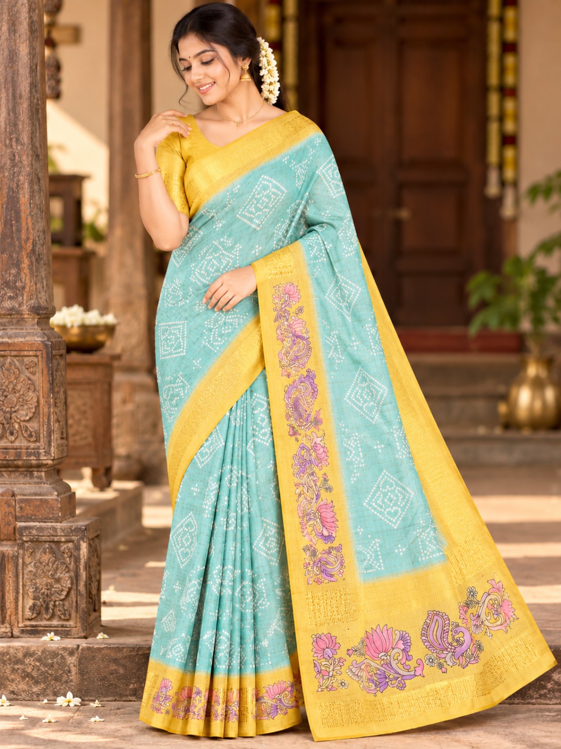 Aqua Yellow Georgette saree with floral printed pallu