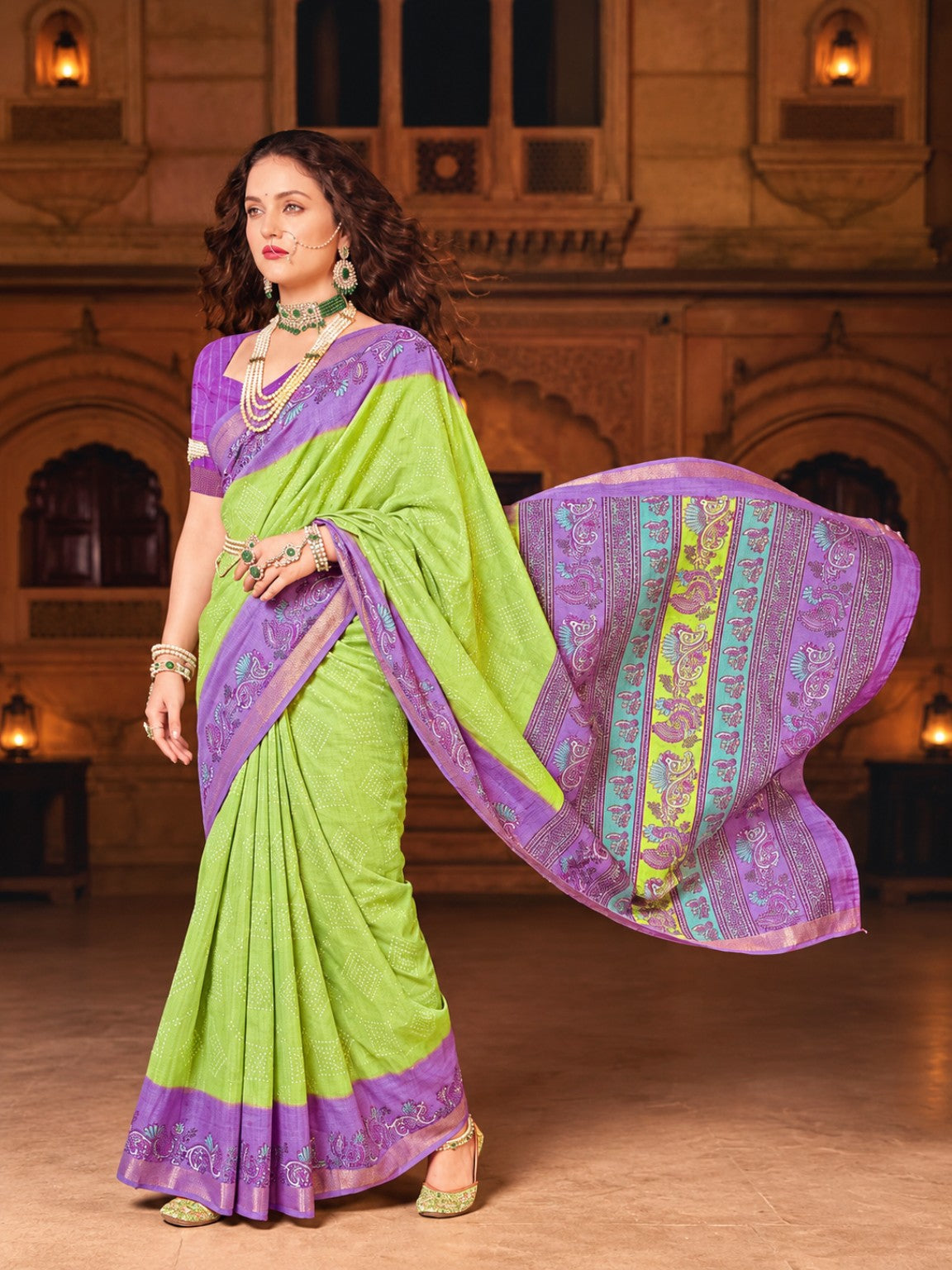 Lime Purple Georgette saree with designer border and printed pallu