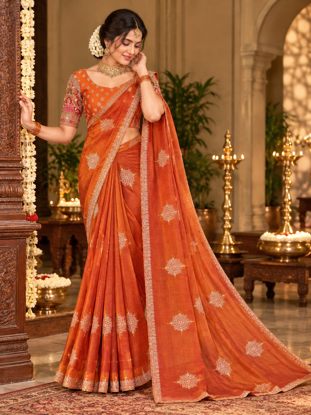 Marshmallow saree with ornate butta motifs and decorative border, colour variant 1
