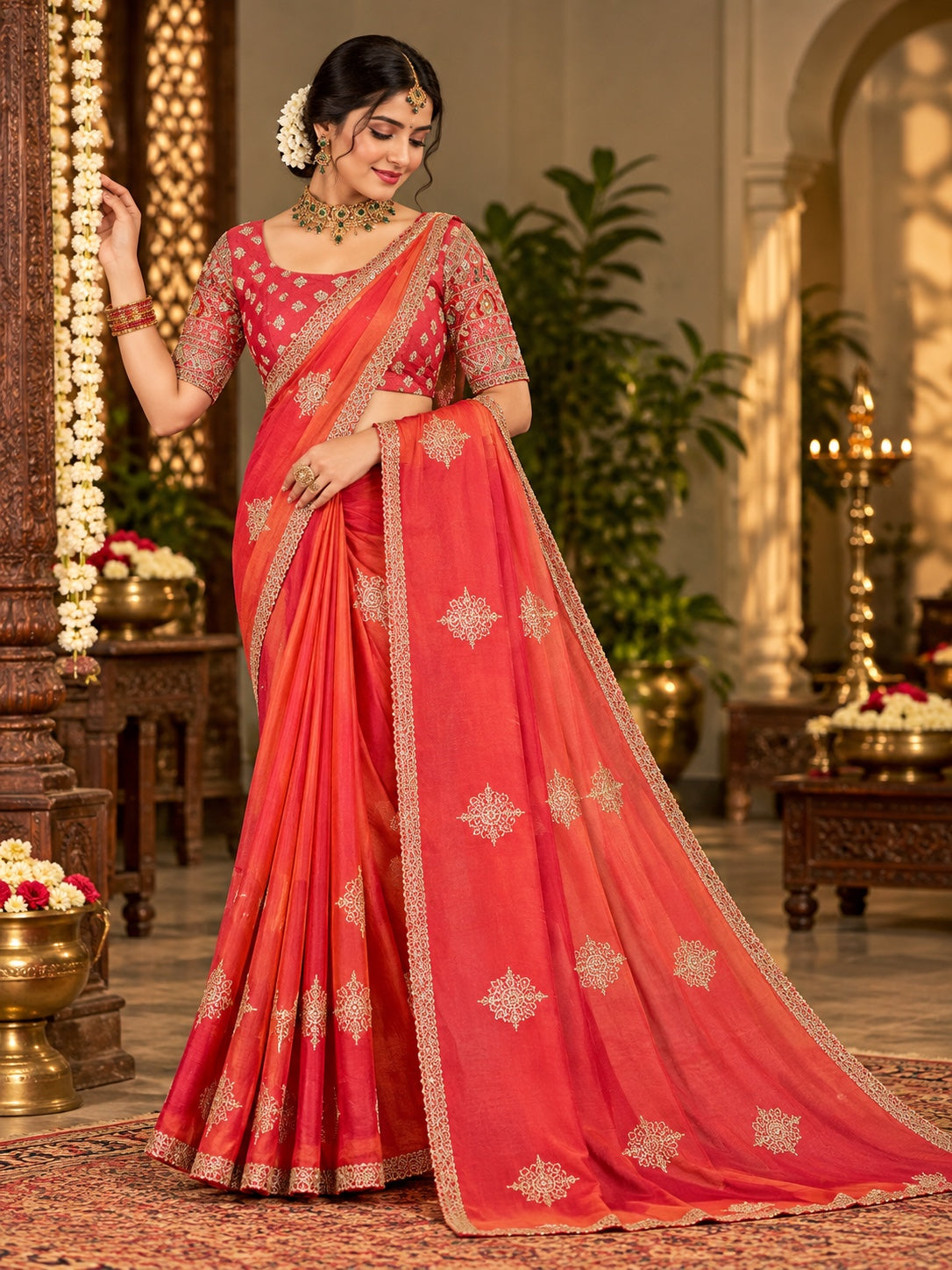 Marshmallow saree with ornate butta motifs and decorative border, colour variant 2