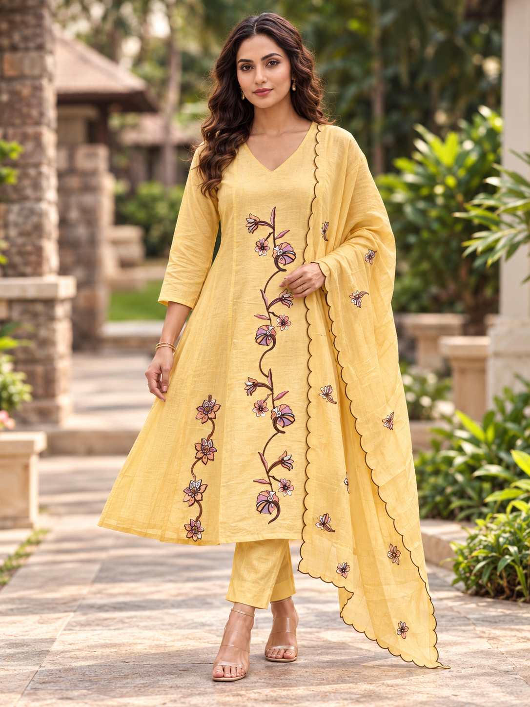 Yellow Mull Chenderi floral three-piece kurta set with matching trousers and scalloped dupatta