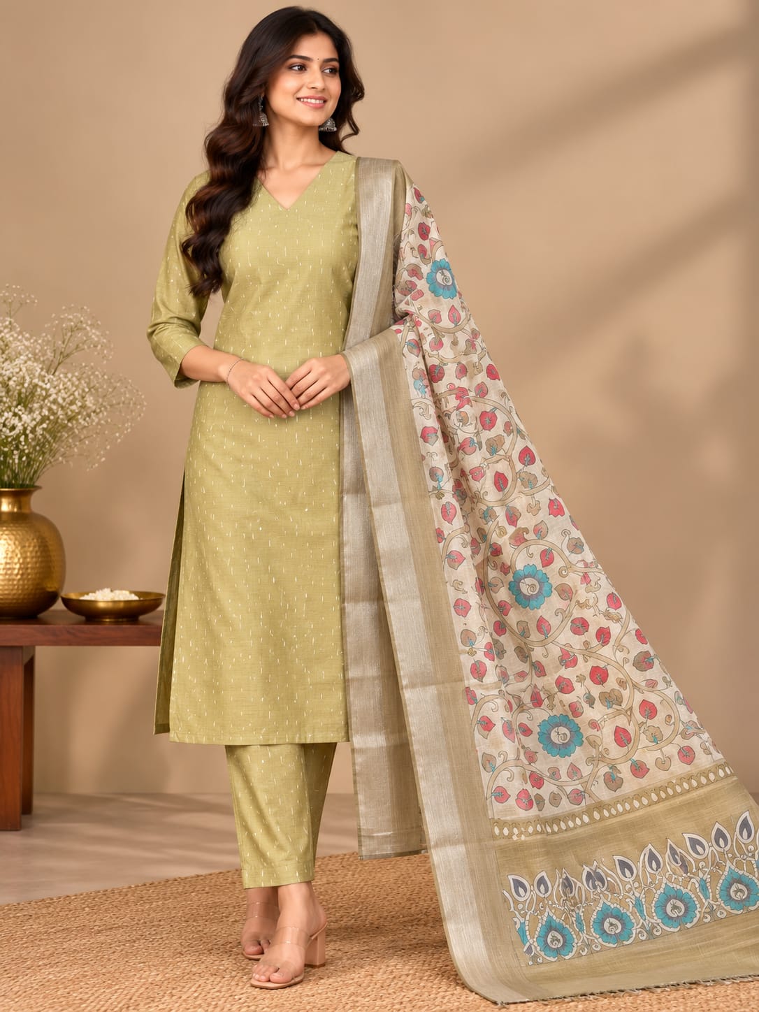 Jamdani Stripe 3-Piece Set for Women – M to 2XL | 6 Colours