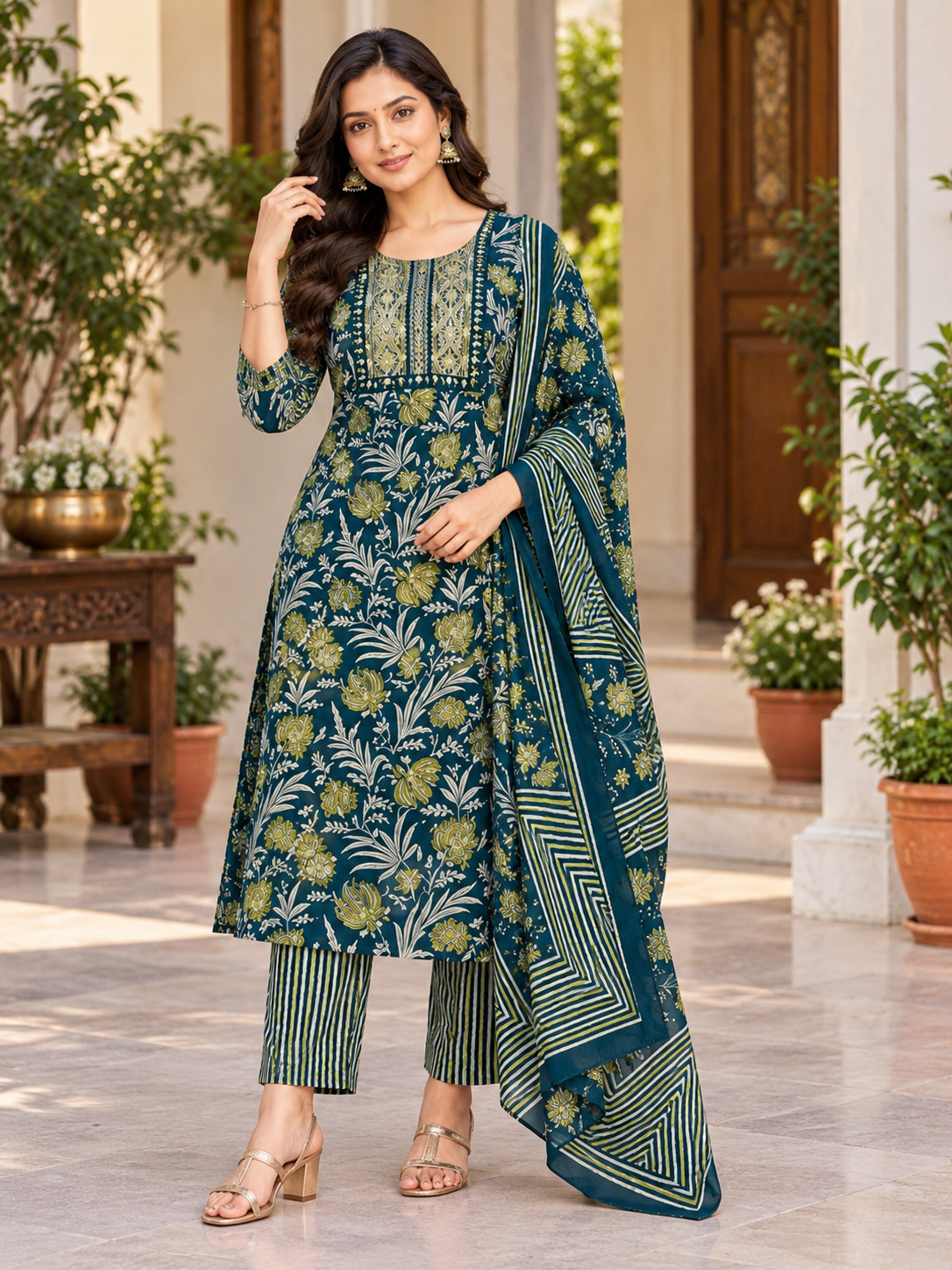 Floral Printed Kurta Pant Dupatta 3 Piece Set –  Straight Cut