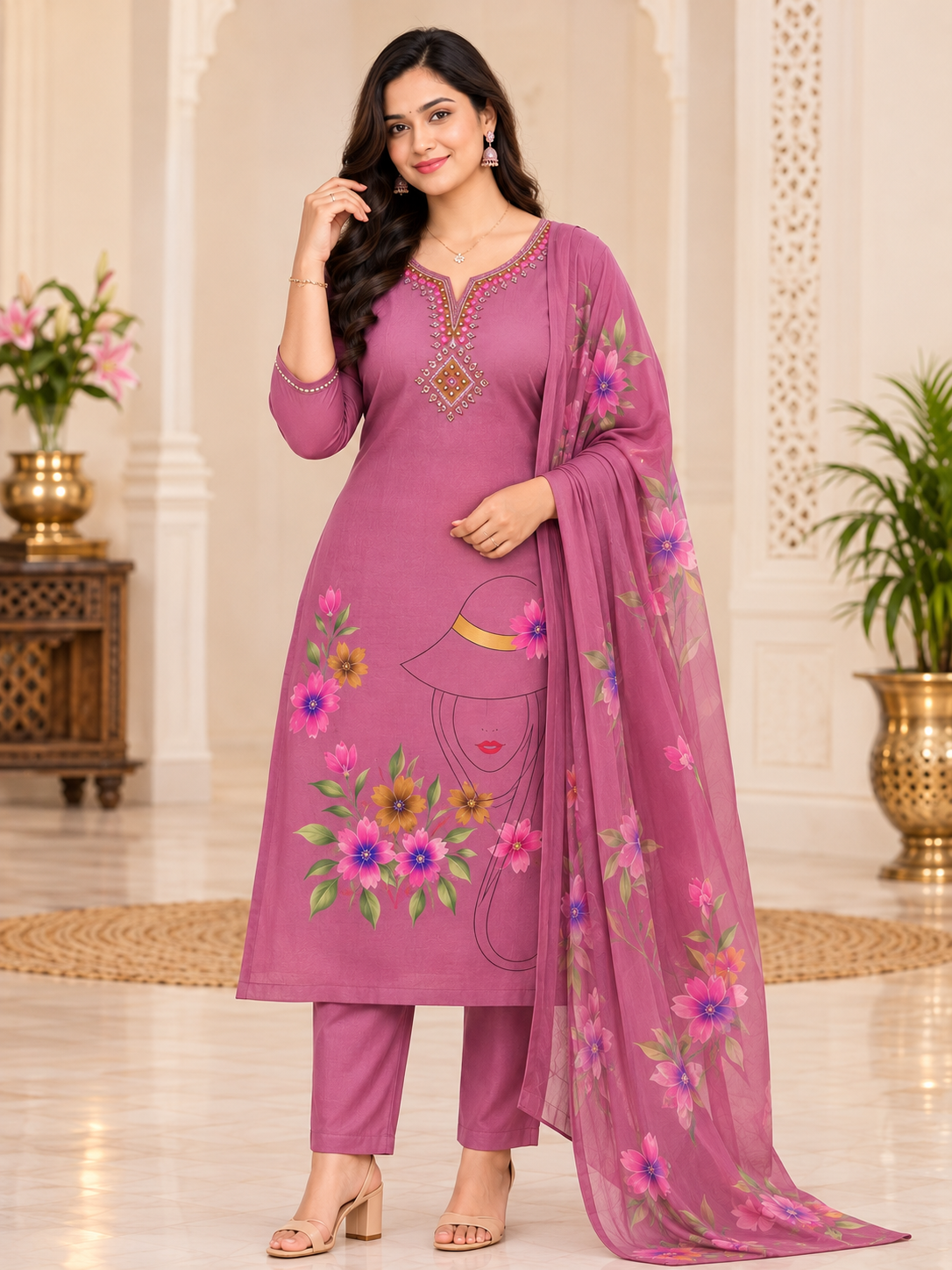 Women's Floral Printed 3-Piece Kurta Set with Embroidered Neckline | L003