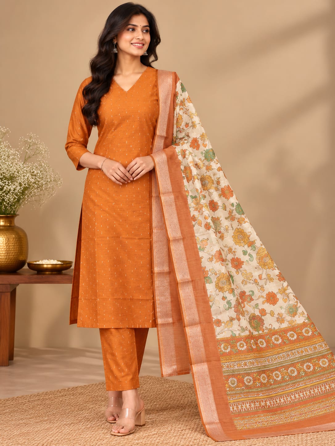 Jamdani Stripe 3-Piece Set for Women – M to 2XL | 6 Colours