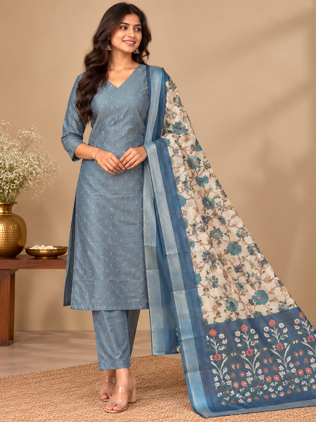Jamdani Stripe 3-Piece Set for Women – M to 2XL | 6 Colours
