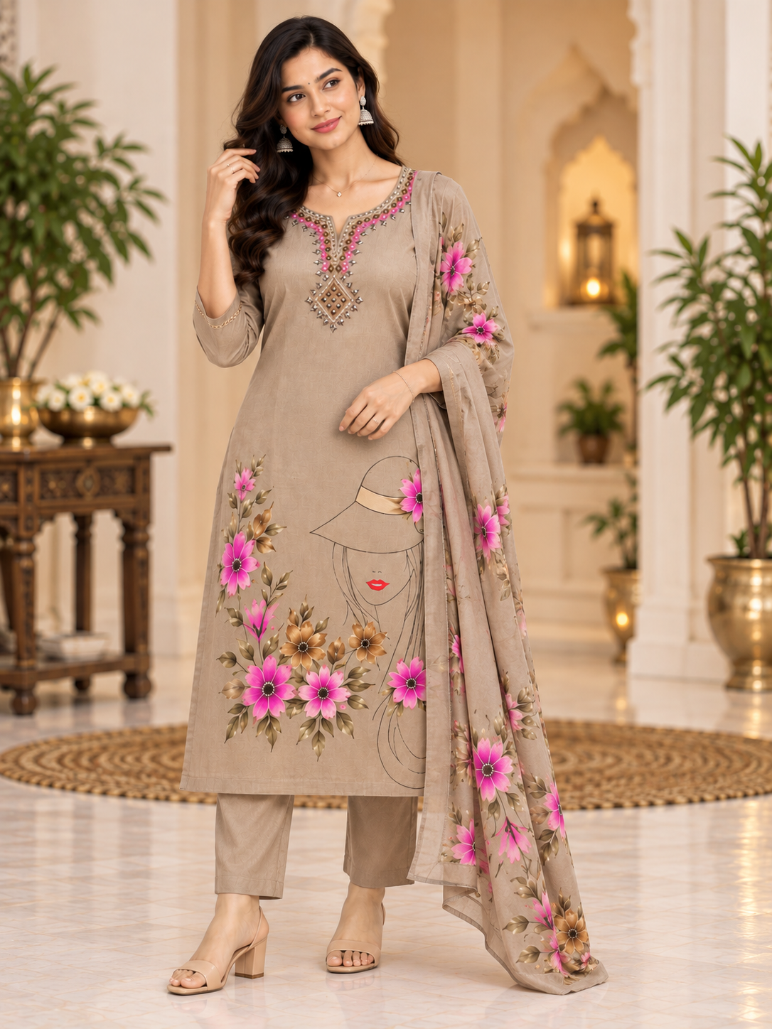 Women's Floral Printed 3-Piece Kurta Set with Embroidered Neckline | L003