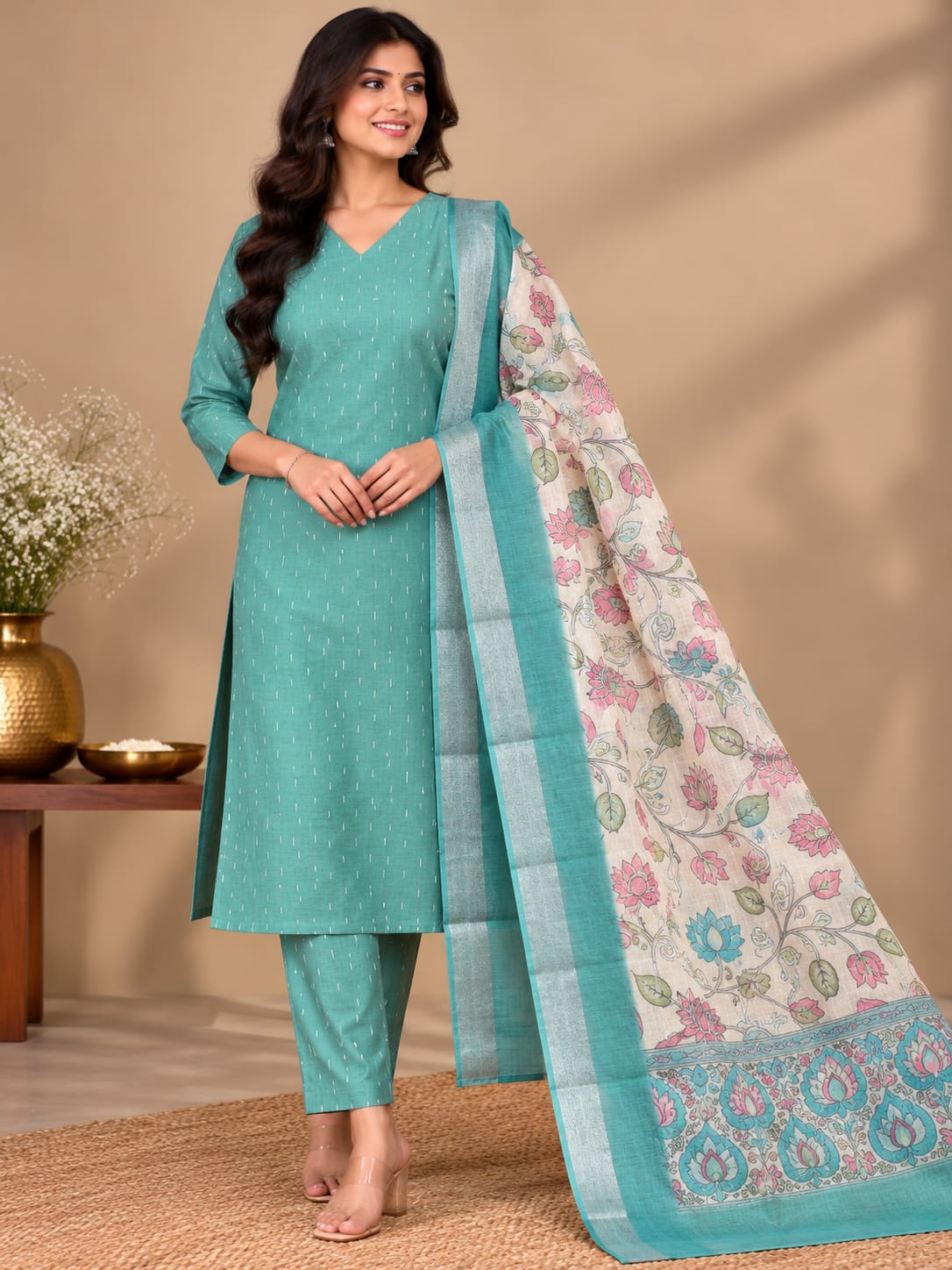 Jamdani Stripe 3-Piece Set for Women – M to 2XL | 6 Colours