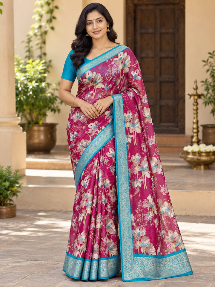 Floral Georgette Saree - Pink and Turquoise