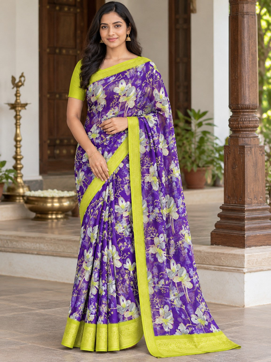 Floral Georgette Saree - Purple and Lime