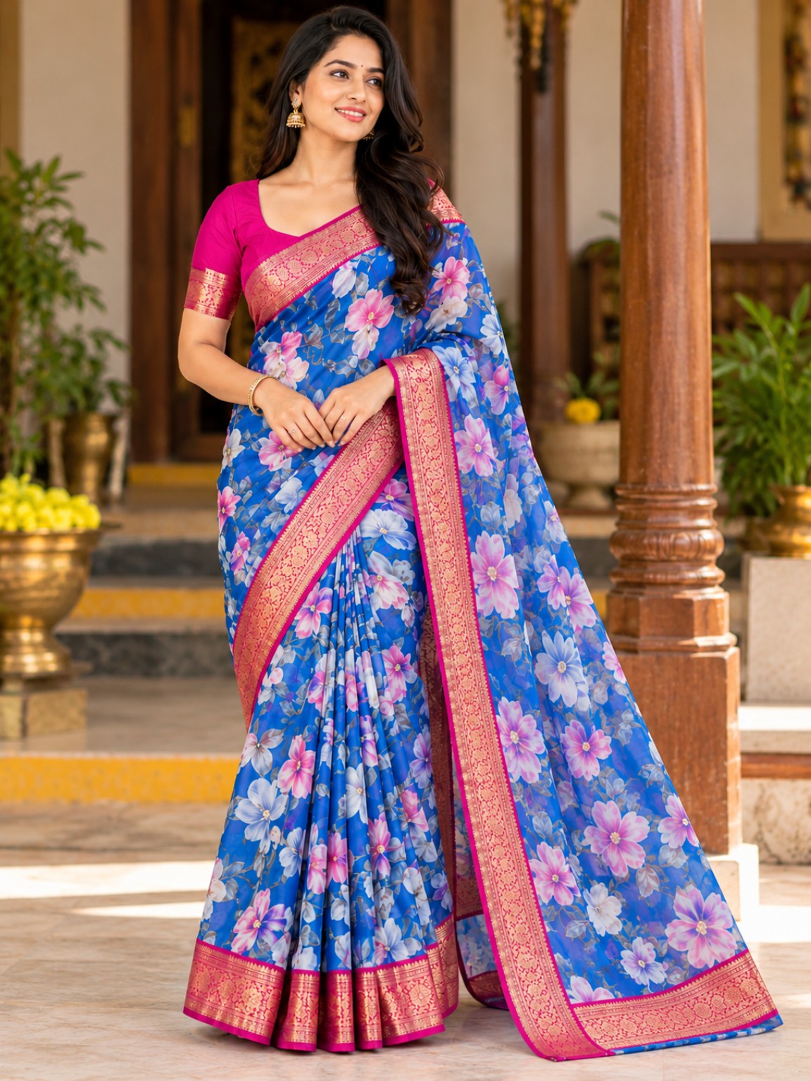 Floral Georgette Saree - Blue and Pink