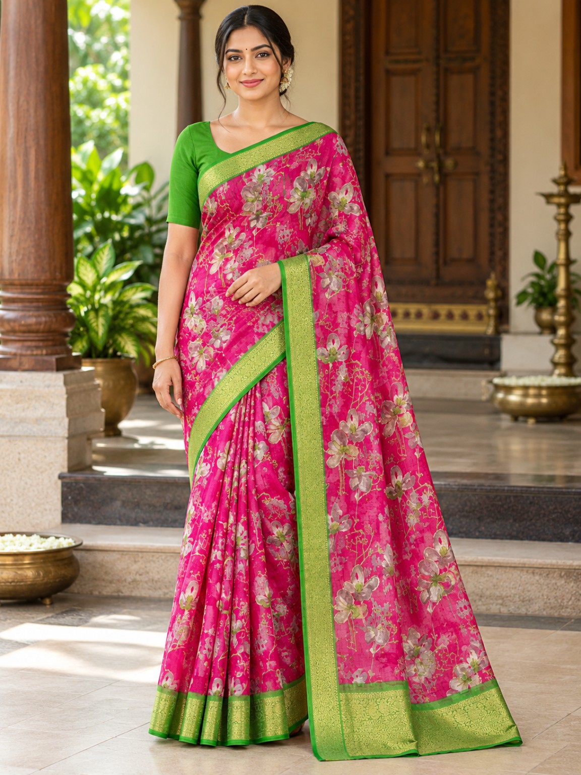 Floral Georgette Saree - Pink and Green