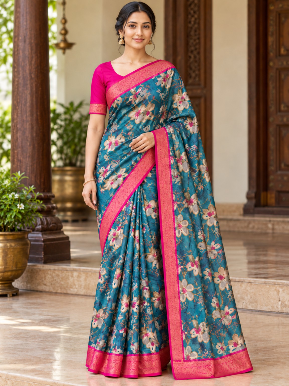 Floral Georgette Saree - Teal and Pink