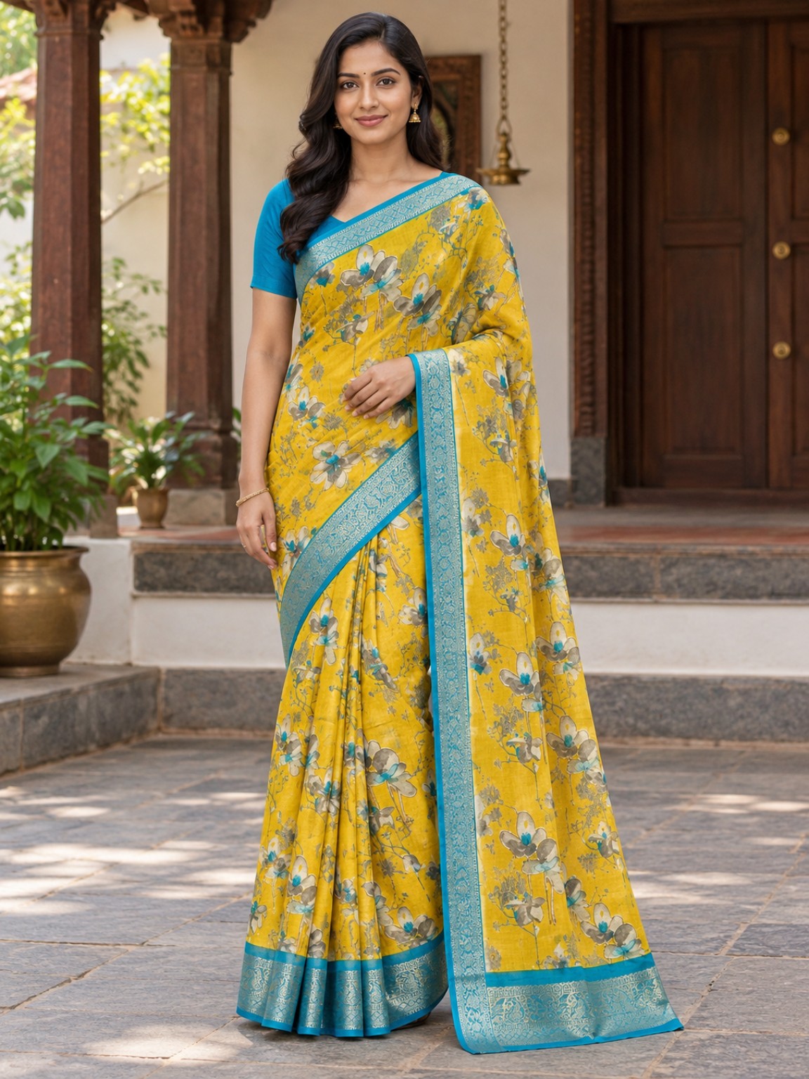Floral Georgette Saree - Yellow and Turquoise